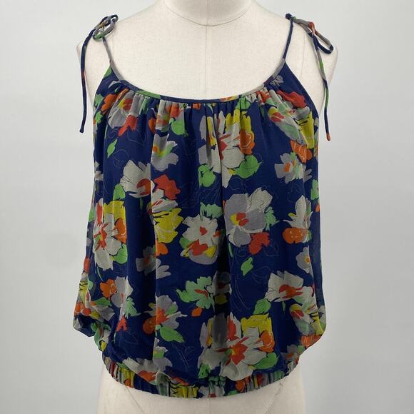Theory Silk Floral Print Tie Strap Tank Top Blouson Scoopneck Blue Orange XS - Picture 2 of 7